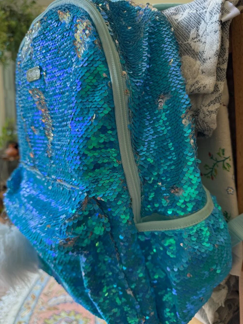 Justice Aqua Blue Holographic Flip Sequin Backpack with Fluffy Pom Charm